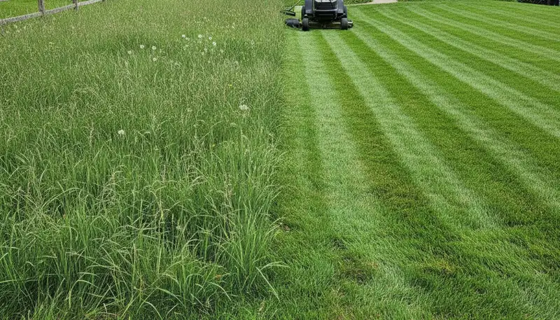 Before and after lawn mowing showing manicured yard transformation by Albany NY landscaping experts