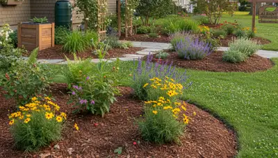 Organic landscape beds with natural mulch and thriving plants by sustainable landscapers in Albany, NY