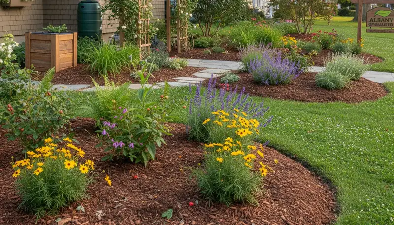 Organic landscape beds with natural mulch and thriving plants by sustainable landscapers in Albany, NY