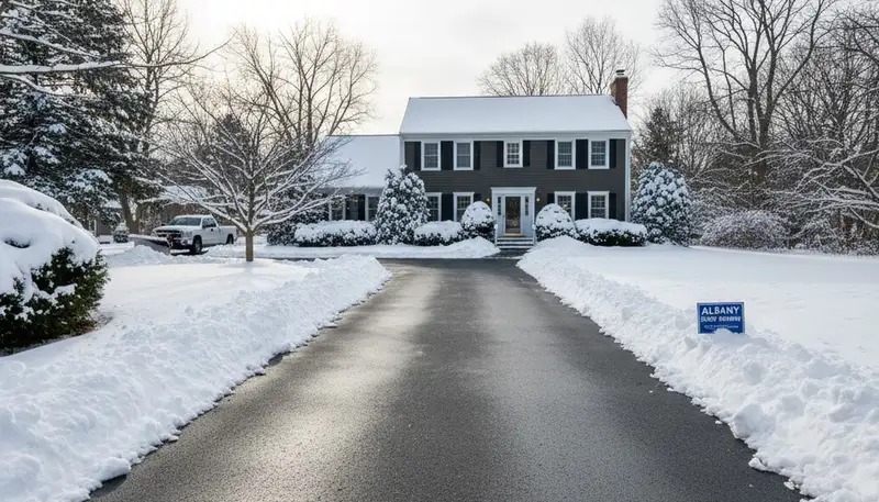 Cleared residential driveway after professional snow removal by Chop Chop Landscaping in Albany, NY