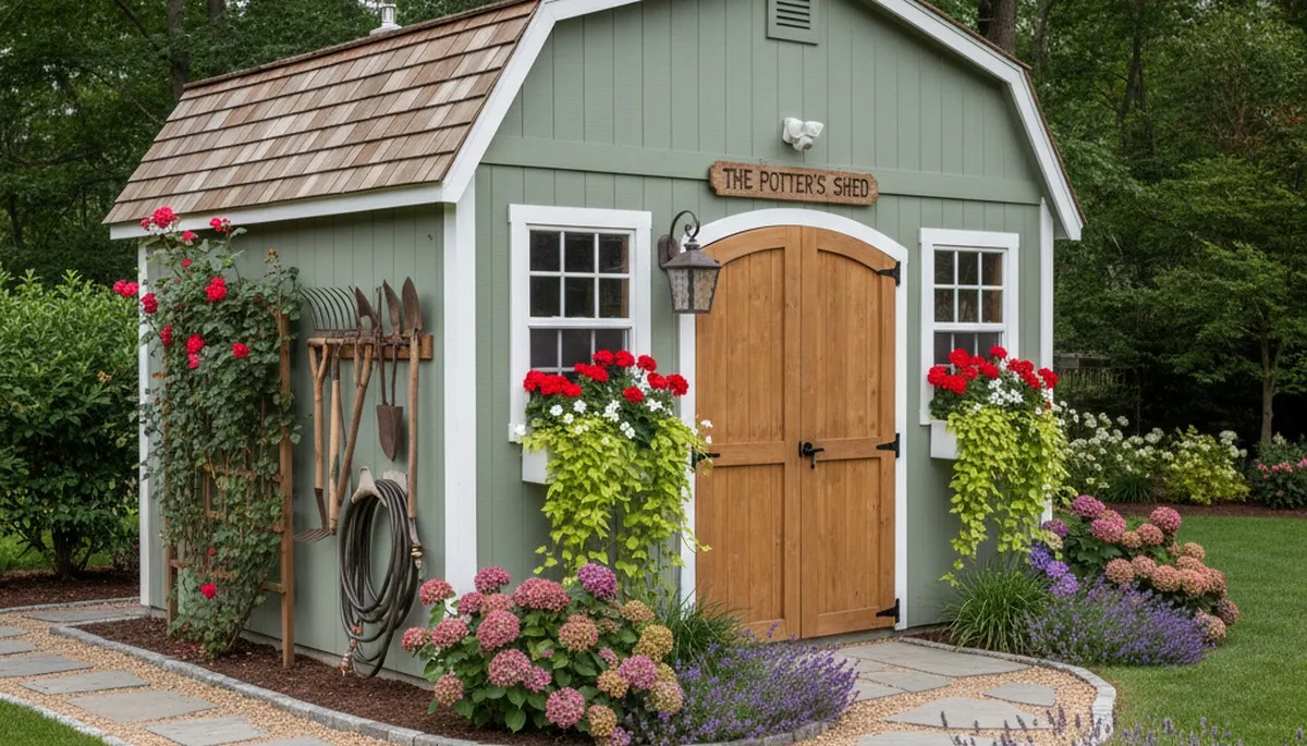 Decorative garden shed with professional landscaping in Albany NY by Chop Chop Landscaping