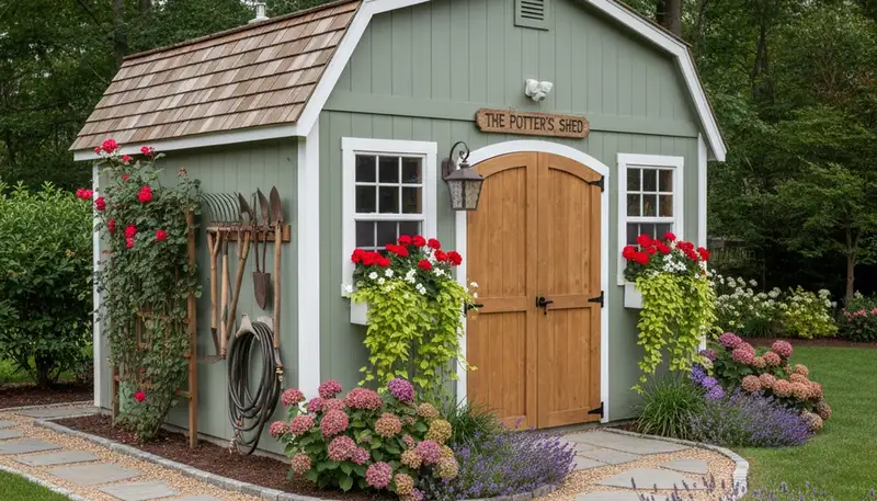 Decorative garden shed with professional landscaping in Albany NY by Chop Chop Landscaping