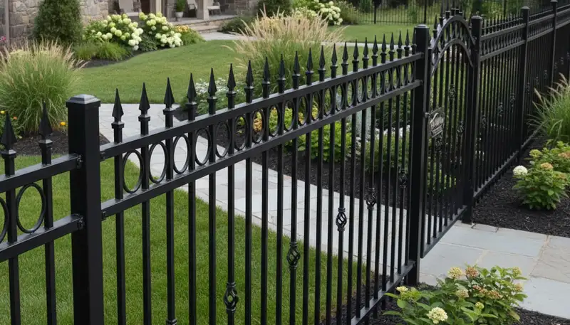 Ornamental black metal fence installation in Albany NY by Chop Chop Landscaping for durable property design