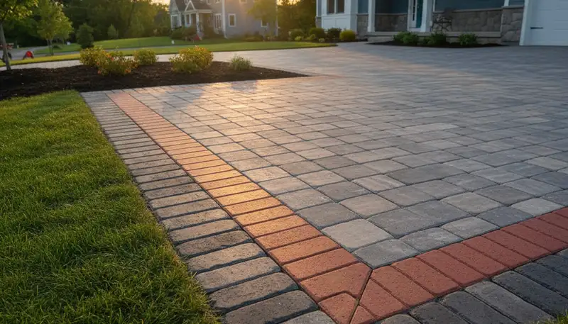 Decorative driveway paver border with soldier course design by professional landscapers in Albany, NY