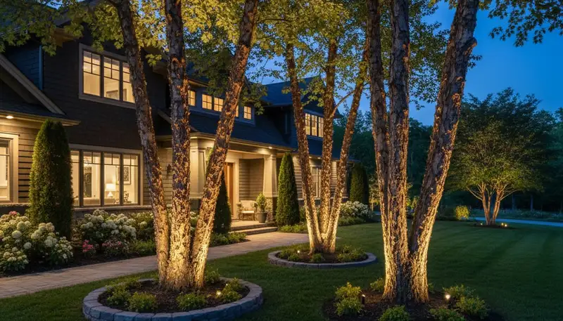 Dramatic tree uplighting by professional landscapers in Albany, NY highlighting evening landscape features
