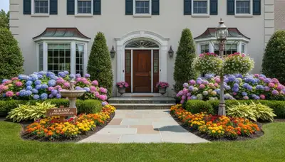 Front yard landscaping with colorful flowers and shrubs at Albany NY home by Chop Chop Landscaping