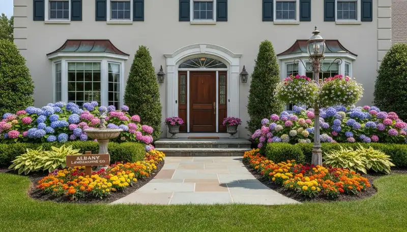 Front yard landscaping with colorful flowers and shrubs at Albany NY home by Chop Chop Landscaping