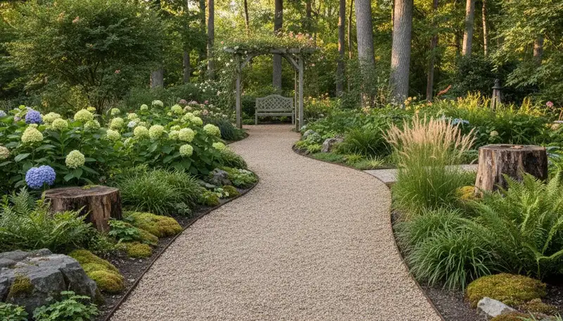 Professionally installed pea gravel garden pathway by landscaping experts in Albany, NY