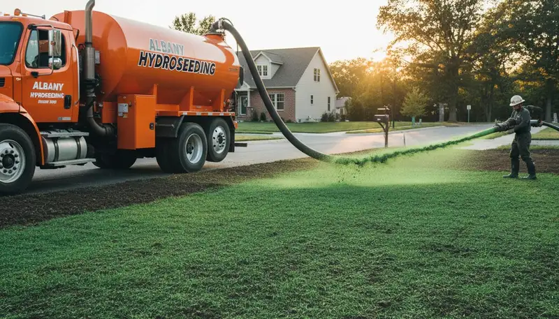 Hydroseeder truck spraying green slurry on lawn in Albany NY for professional landscaping and erosion control