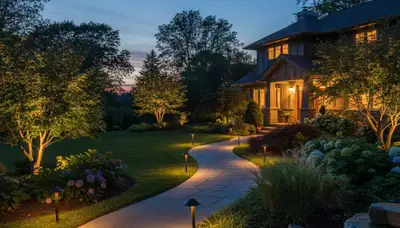 Dusk landscape lighting on Albany NY home walkway with path lights and uplighting by Chop Chop Landscaping