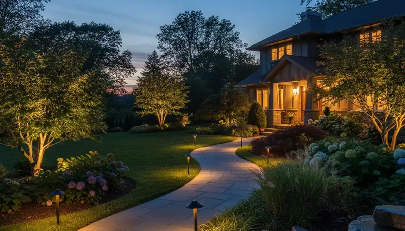 Dusk landscape lighting on Albany NY home walkway with path lights and uplighting by Chop Chop Landscaping