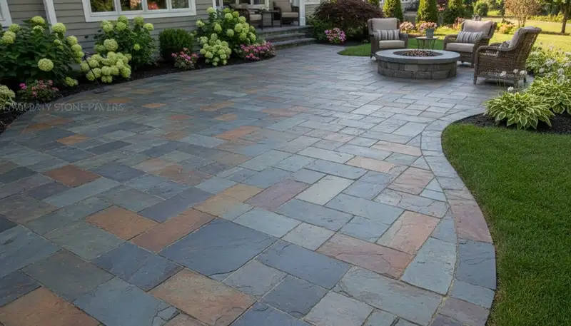 Contemporary large format stone slab patio installation by professional landscapers in Albany, NY