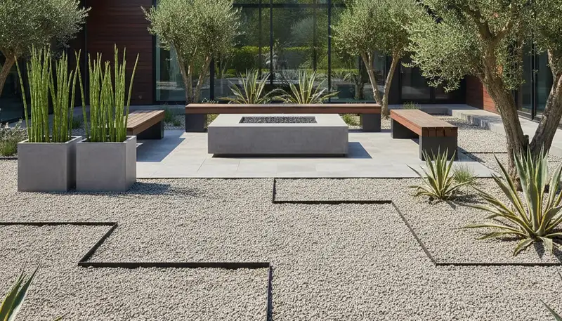 Modern minimalist pea gravel landscape design with clean lines by Chop Chop Landscaping Albany NY
