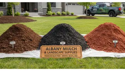 Brown, black, and red mulch variety display for Albany NY landscaping by Chop Chop Landscaping