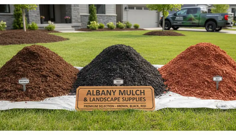 Brown, black, and red mulch variety display for Albany NY landscaping by Chop Chop Landscaping