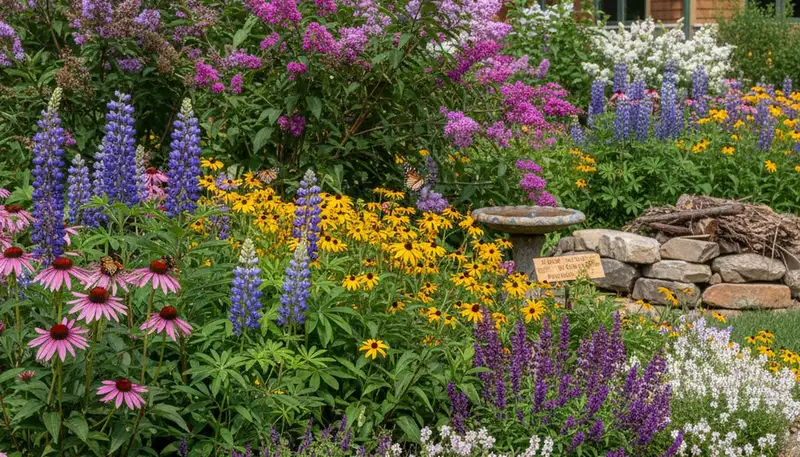 Vibrant native pollinator garden with bees and butterflies by organic landscapers in Albany, NY