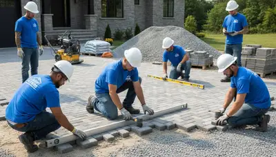 Landscapers installing driveway pavers in Albany NY for Chop Chop Landscaping quality installation
