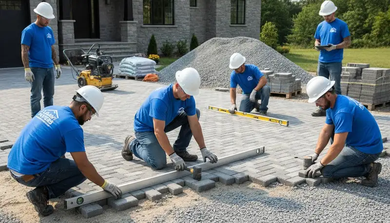 Landscapers installing driveway pavers in Albany NY for Chop Chop Landscaping quality installation