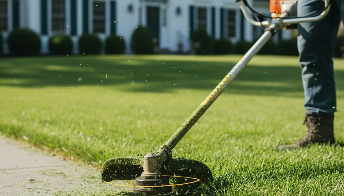 Technician edging lawn with string trimmer for precise lawn maintenance in Albany, NY