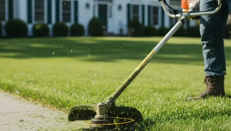 Technician edging lawn with string trimmer for precise lawn maintenance in Albany, NY
