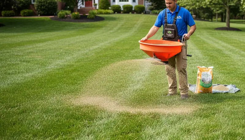 Lawn care technician spreading fertilizer on residential lawn in Albany, NY for Chop Chop Landscaping