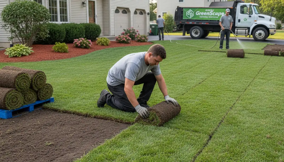 Close-up of seamless sod installation by professional landscapers in Albany, NY