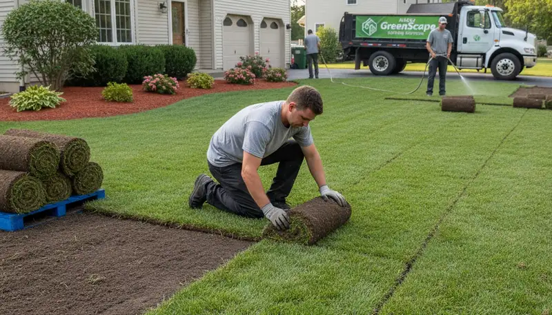 Close-up of seamless sod installation by professional landscapers in Albany, NY