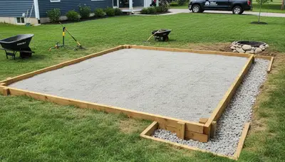 Professional shed base preparation with gravel foundation by landscapers in Albany, NY