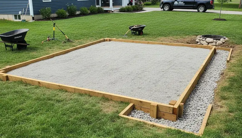 Professional shed base preparation with gravel foundation by landscapers in Albany, NY