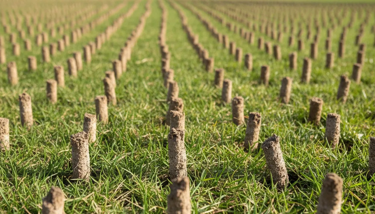 Close-up of soil core plugs after lawn aeration on a residential yard in Albany, NY by Chop Chop Landscaping
