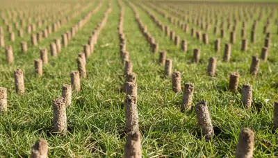 Close-up of soil core plugs after lawn aeration on a residential yard in Albany, NY by Chop Chop Landscaping