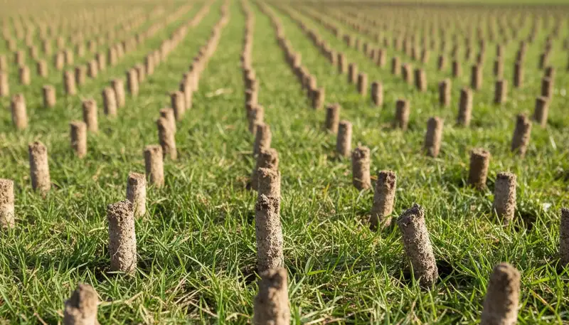Close-up of soil core plugs after lawn aeration on a residential yard in Albany, NY by Chop Chop Landscaping