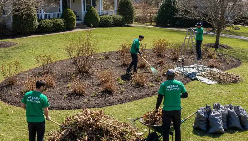 Spring yard clean up and garden bed pruning by professional landscapers in Albany, NY
