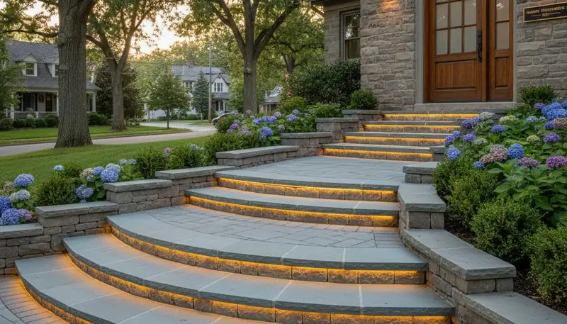 Stone paver entry steps with level landings by Chop Chop Landscaping in Albany, NY