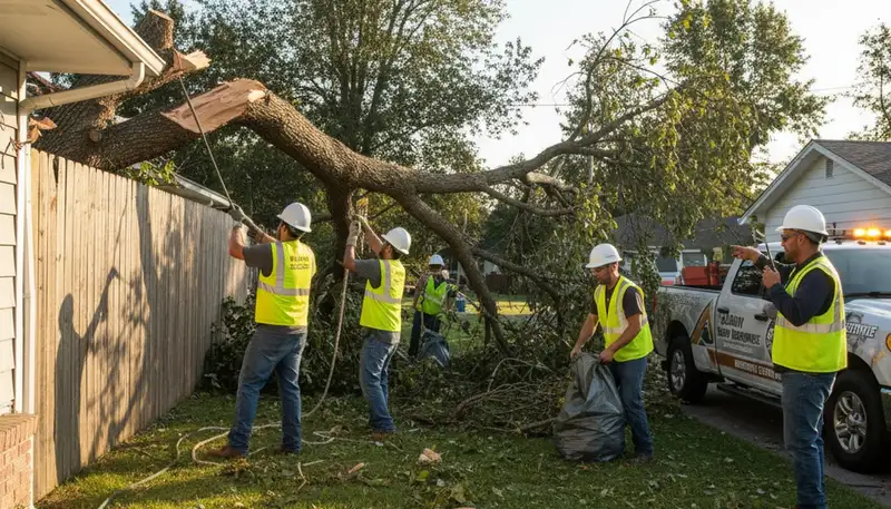 Storm damage cleanup in Albany NY with landscapers clearing fallen branches and storm debris