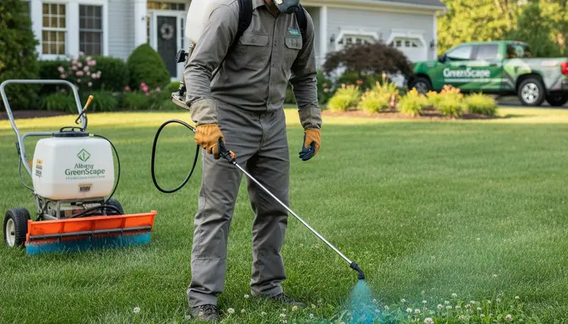 Technician applying precise weed control on Albany NY lawn with professional sprayer and safety gear