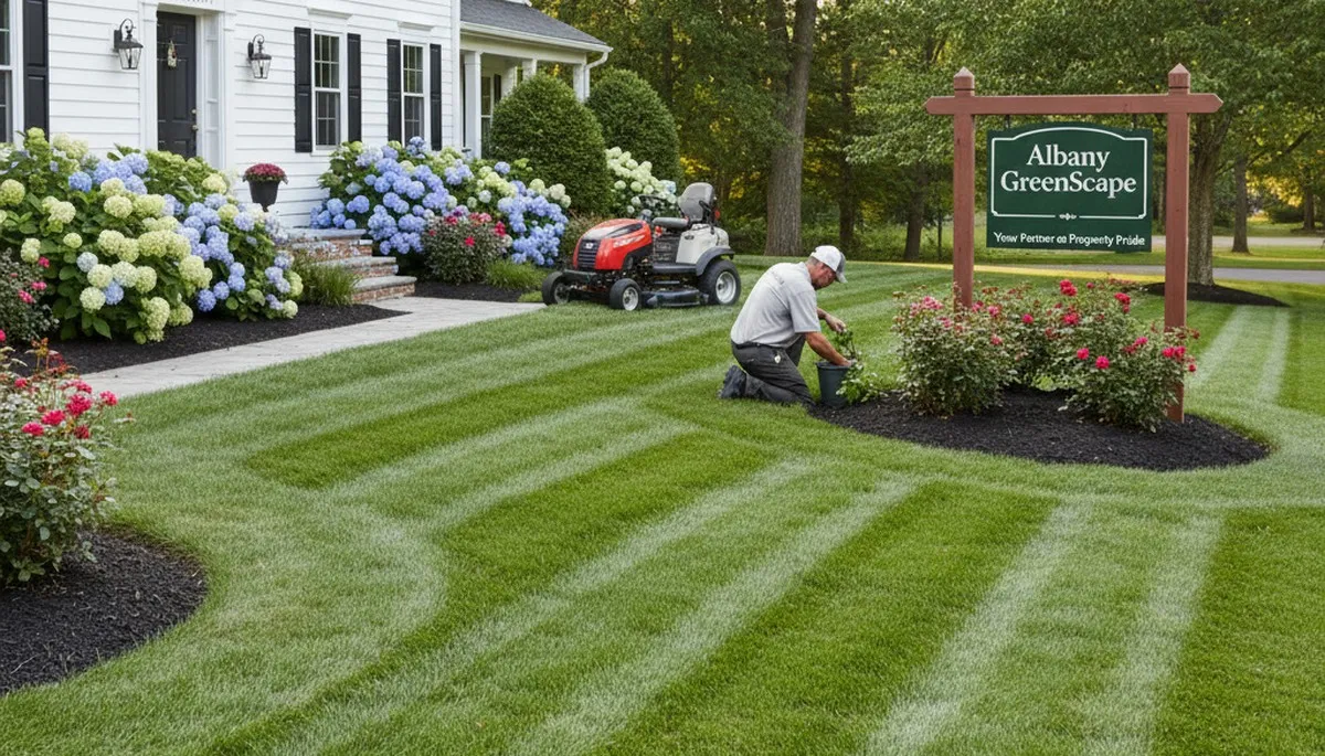 Lush residential lawn in Albany NY showing professional landscaping and regular lawn maintenance results