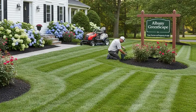 Lush residential lawn in Albany NY showing professional landscaping and regular lawn maintenance results